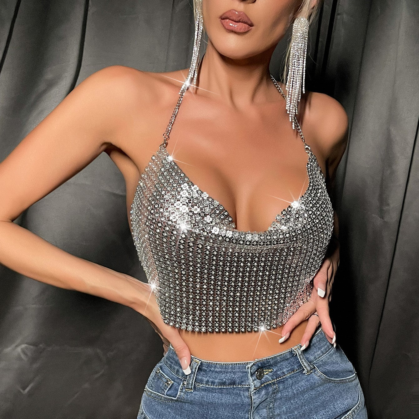 Metal Sequins Sling Party Nightclub Music Festival Sexy Hot Girl Top - iztia