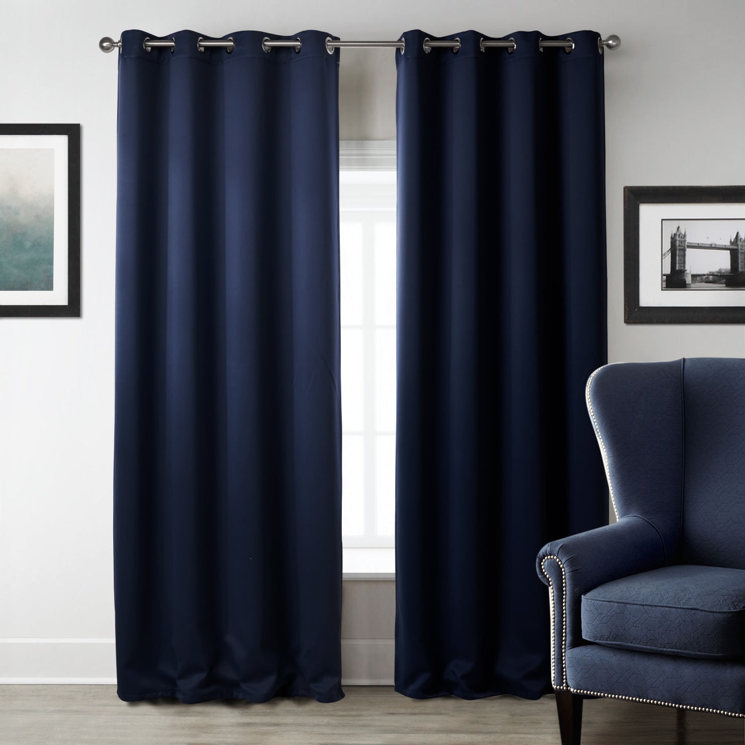 Dark Blue Bedroom Blackout Fabric Printed Curtains - iztia