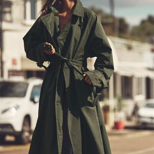 Women's Loose Long Trench Coat And Overcoat With Strap - iztia