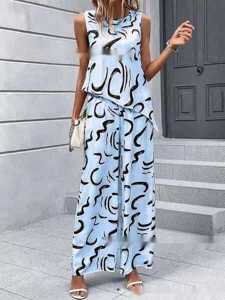 Sleeveless Irregular Vest Pants Fashion Printed Two-piece Suit - iztia