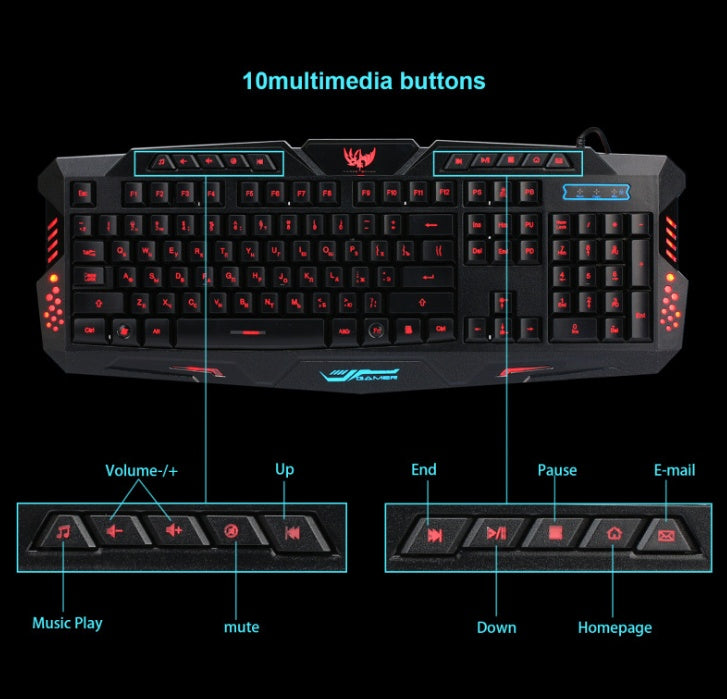 J10 tricolor backlight wired gaming keyboard set colorful luminous gaming mouse keyboard Russian keyboard - iztia