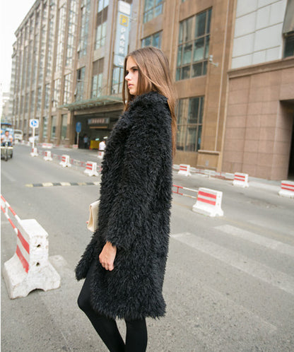 Autumn And Winter Ladies New Lamb Wool Long Trench Coat Imitation Fur Suit Coat Overcoat - iztia