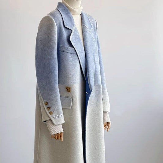 Double-faced Woolen Goods Shoulder Elegant Blue Gradient White Coat Coat - iztia