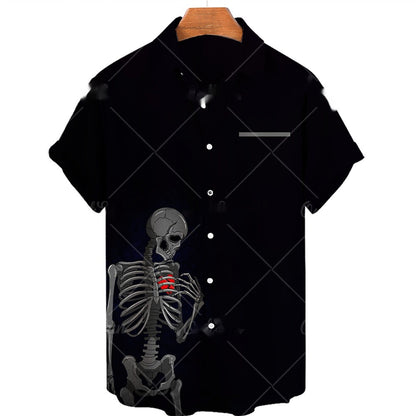 Men's Short-sleeve Lapel Shirt 3D Digital Skull Printed Shirt - iztia