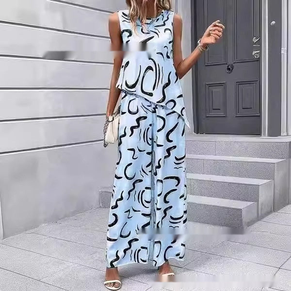 Sleeveless Irregular Vest Pants Fashion Printed Two-piece Suit - iztia