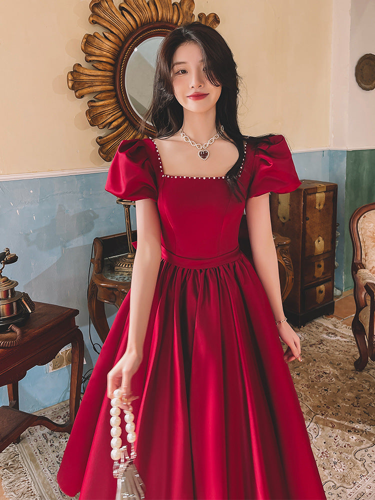 Winter Wine Red Engagement Daily French Princess On The Run Satin Dress - iztia