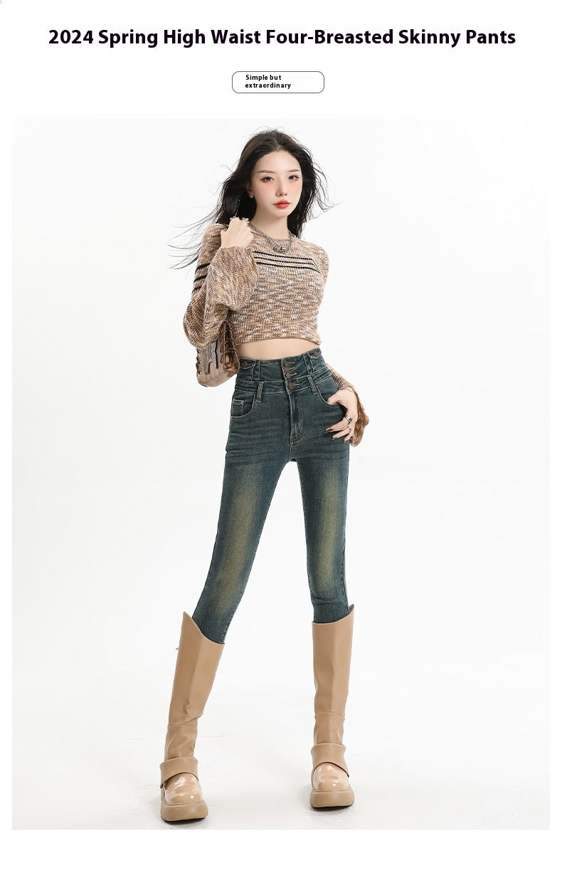 Retro Denim Skinny Pants Women's High Waist Slim Fit - iztia