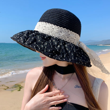 Lace Bow Straw Fisherman Hat Summer Outdoor Sunhat With Large Brim Anti-UV Sunshade And Face Protection Hat - iztia