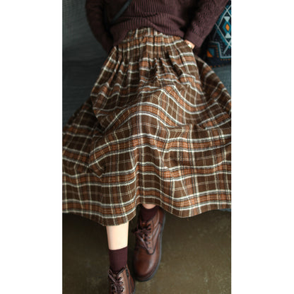 Ancient Coffee Clothing Artistic Brushed Plaid Skirt Retro Loose A- Line - iztia