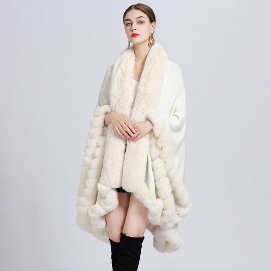 Rex Rabbit Fur Collar Shawl Irregular Oversized Knitted Cardigan Baggy Coat - iztia