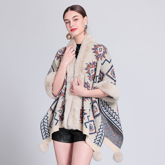 Ethnic Style Fur Ball Shawl Cape Cloak - iztia