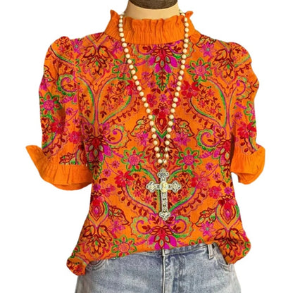 Women's Vintage Printed Orange Short Sleeve Gathers - iztia