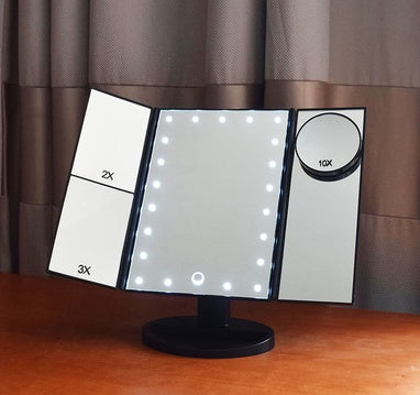 Three-sided Foldable Magnifying Desktop Makeup Mirror With Lamp - iztia