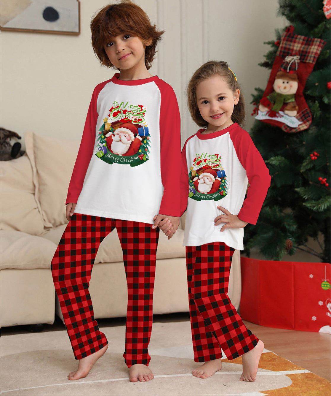 Christmas Parent-Child Clothes Set Long Sleeve T-Shirt Plaid Pants Family Matching Pajamas - iztia