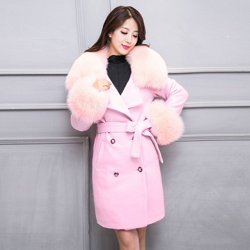 Big Fur Collar Warm Mid-length With Belt Coat - iztia