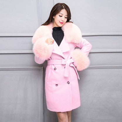 Big Fur Collar Warm Mid-length With Belt Coat - iztia