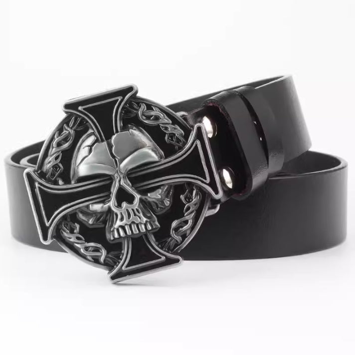 Casual Skull Decorative Two-layer Cowhide Belt - iztia