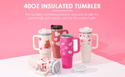 40 Oz Tumbler With Handle Straw Insulated, Stainless Steel Spill Proof Vacuum Coffee Cup Tumbler With Lid Tapered Mug Gifts For Valentine Lover Suitable For Car Gym Office Travel - iztia