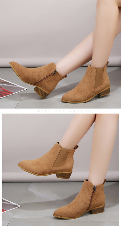 British Solid Color Suede Pointed Square Heel Martin Boots - iztia