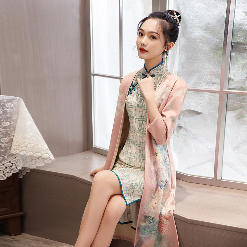 Women's Medium Length Cheongsam With Suede And Aodai Dress - iztia