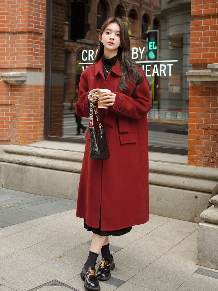 Women's Red Bowknot Woolen Coat Autumn Winter New Coat - iztia