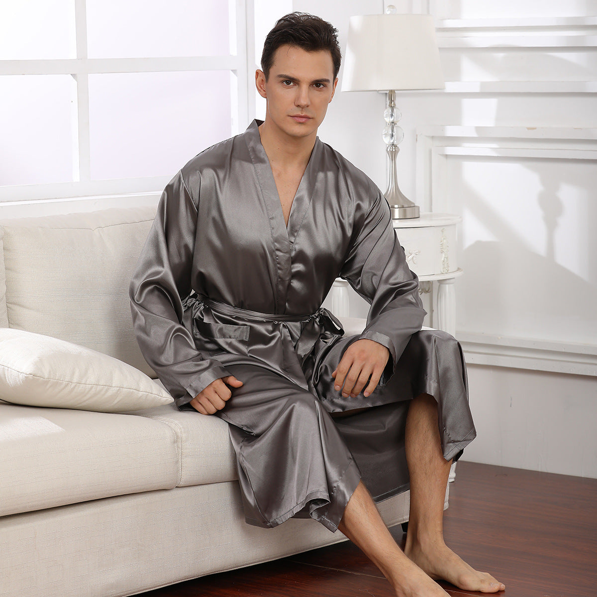 Men's Robe Ultra-thin Cardigan Nightgown Loose Plus Size - iztia