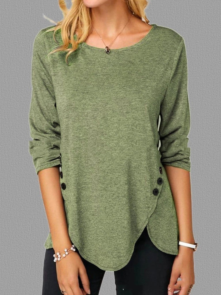 Irregular Button Hem Long Sleeved Round Neck Oversized T-shirt - iztia