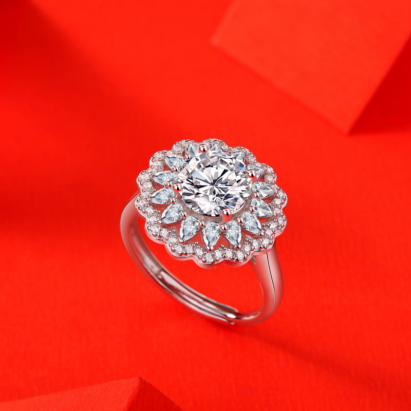 S925 Silver Moissanite Ring Flowers Female New Trendy Ring Adjustable Source Ring In Stock Generation - iztia