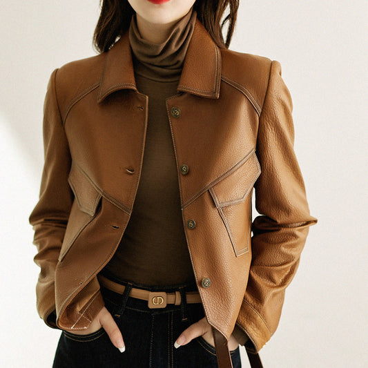 Coat Collar Buckle Leather Women's Short Slim-fitting Biker - iztia