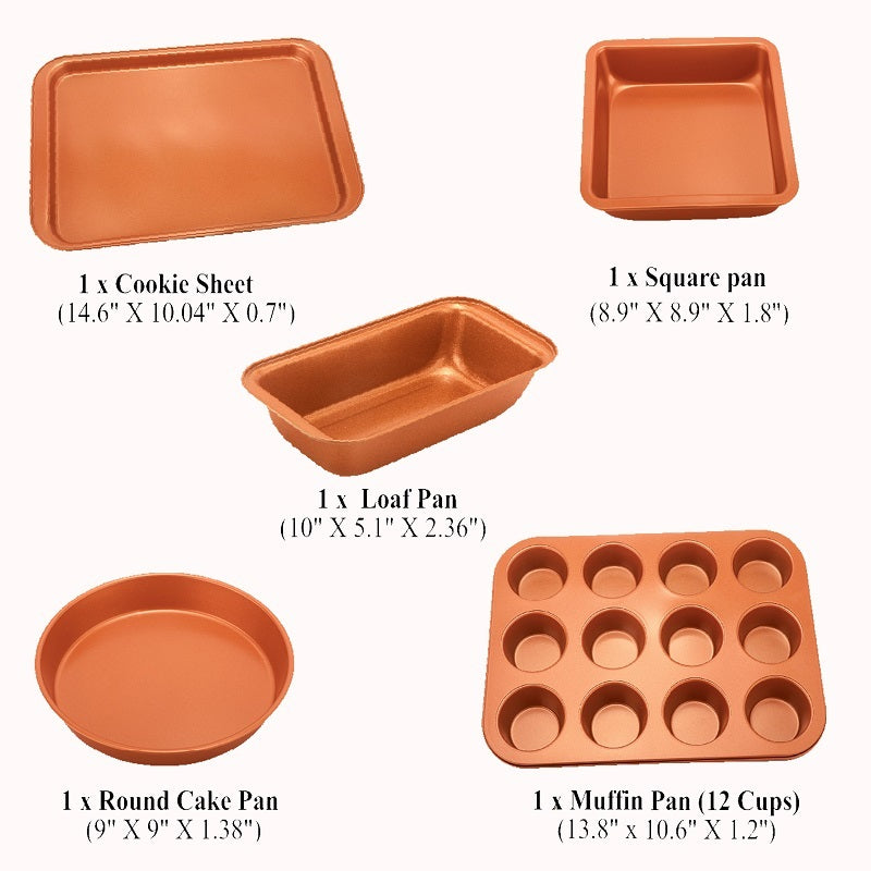 5 Pcs Baking Pans - Organic Eco Friendly Nonstick Coating - Premium Quality - Muffin Pan, Loaf Pan, Square Pan, Cookie Sheet, Round Pan - Bakeware Set - iztia