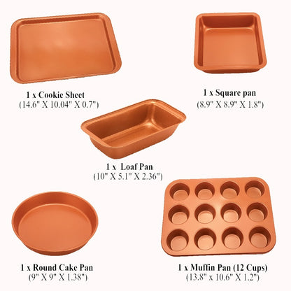 5 Pcs Baking Pans - Organic Eco Friendly Nonstick Coating - Premium Quality - Muffin Pan, Loaf Pan, Square Pan, Cookie Sheet, Round Pan - Bakeware Set - iztia