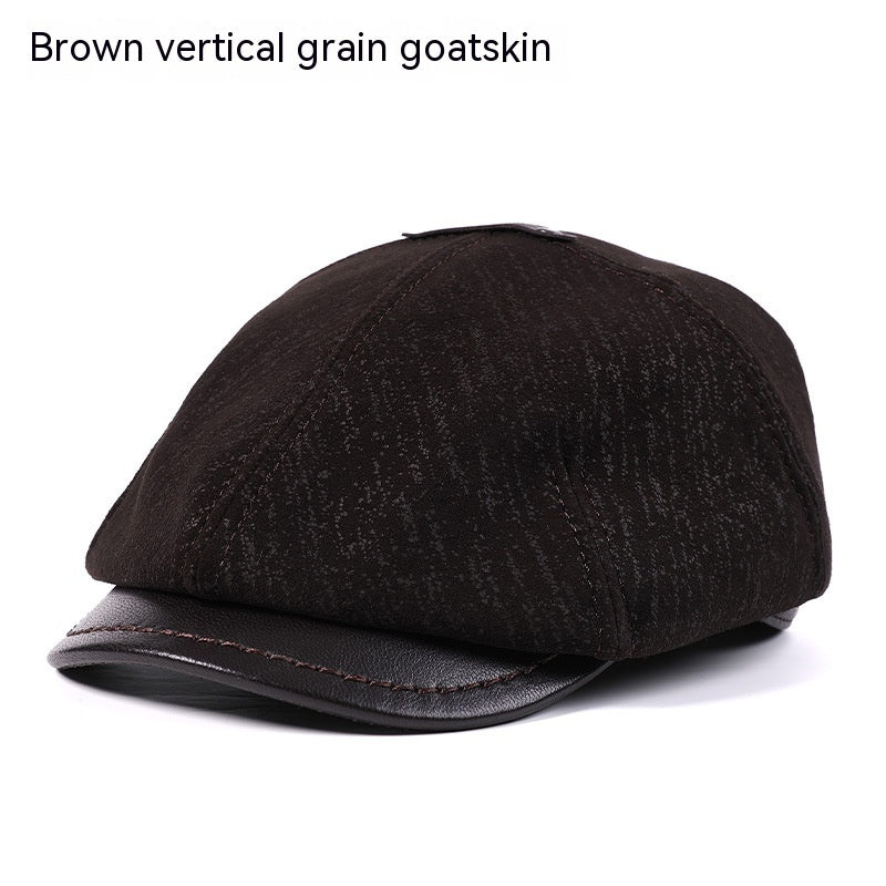 Men's Sheepskin Peaked Cap Beret Vintage Newsboy Painter Octagonal Leather Hat British - iztia