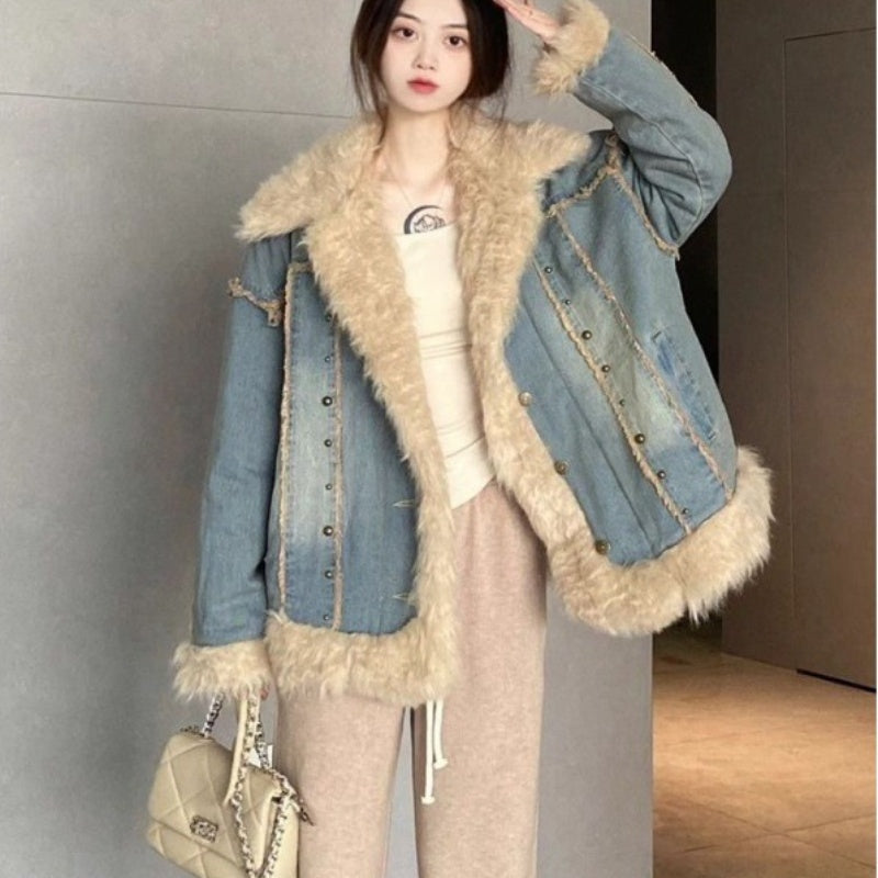 Denim Fur Collar Coat Women's Winter Hong Kong Style Vintage Top - iztia