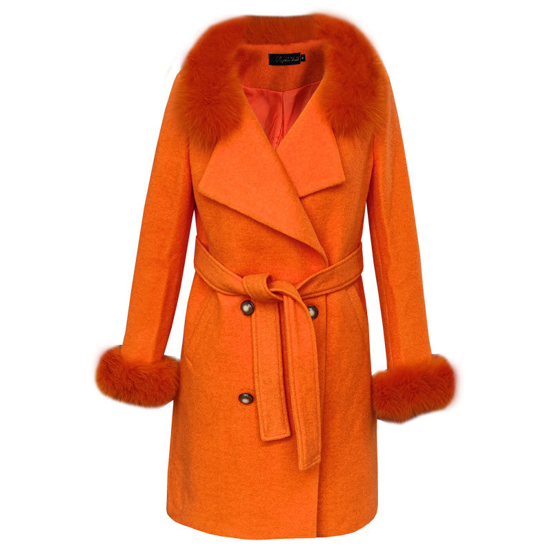 Big Fur Collar Warm Mid-length With Belt Coat - iztia