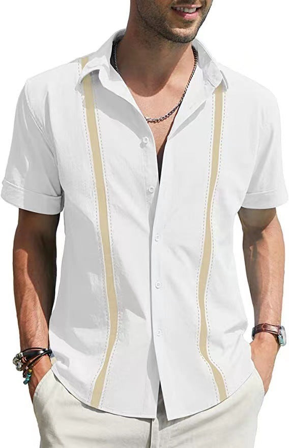 Men's Lapel Color Matching Short Sleeve Shirt - iztia