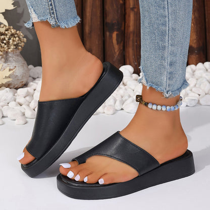 Thick-soled Clip Toe Flat Slippers Outdoor Summer Casual Solid Color Slides Shoes For Women - iztia