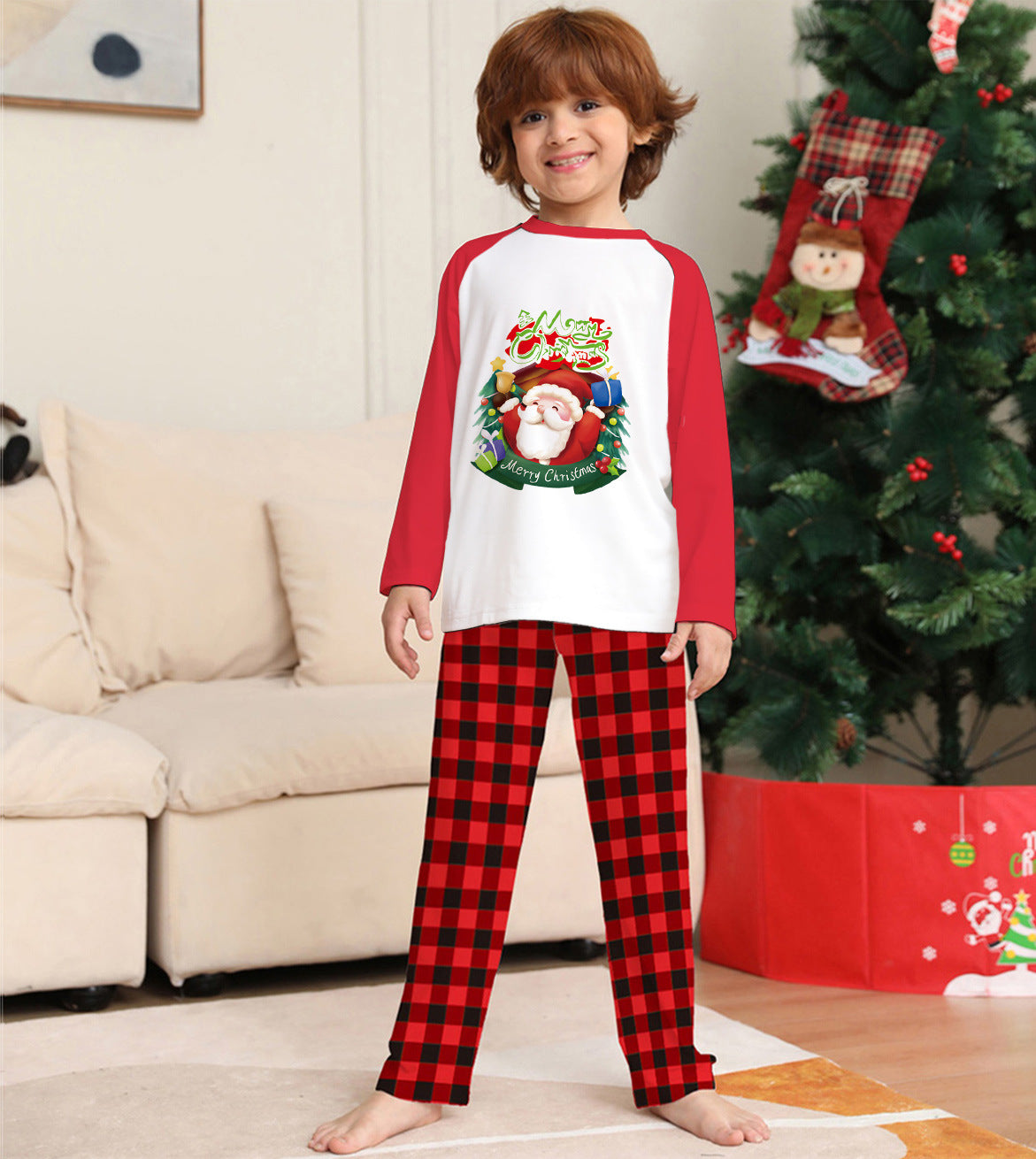 Christmas Parent-Child Clothes Set Long Sleeve T-Shirt Plaid Pants Family Matching Pajamas - iztia