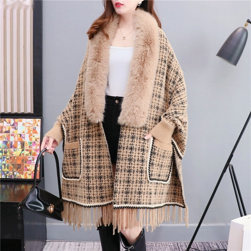 Autumn And Winter New Imitated Mink Cashmere Fur Collar Cape And Shawl Plus Size Tassel Knitted Cardigan - iztia