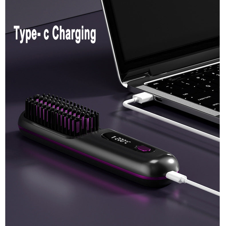 2 In 1 Straight Hair Comb Wireless Hair Straightener Brush Hair Fast Heating Portable Hot Curler USB Charging - iztia