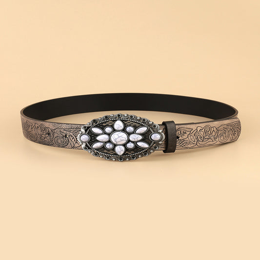 Retro White Gem Personality All-matching Printed Fashion Decoration Belt - iztia