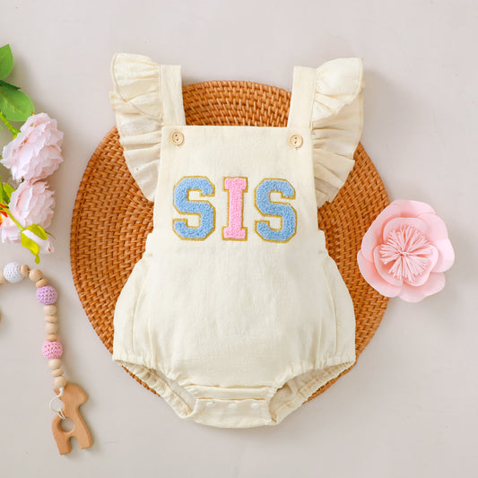 Infant Toddler Towel Embroidery Lace Shoulder Strap Rompers Jumpsuit - iztia