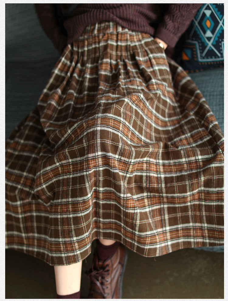 Ancient Coffee Clothing Artistic Brushed Plaid Skirt Retro Loose A- Line - iztia