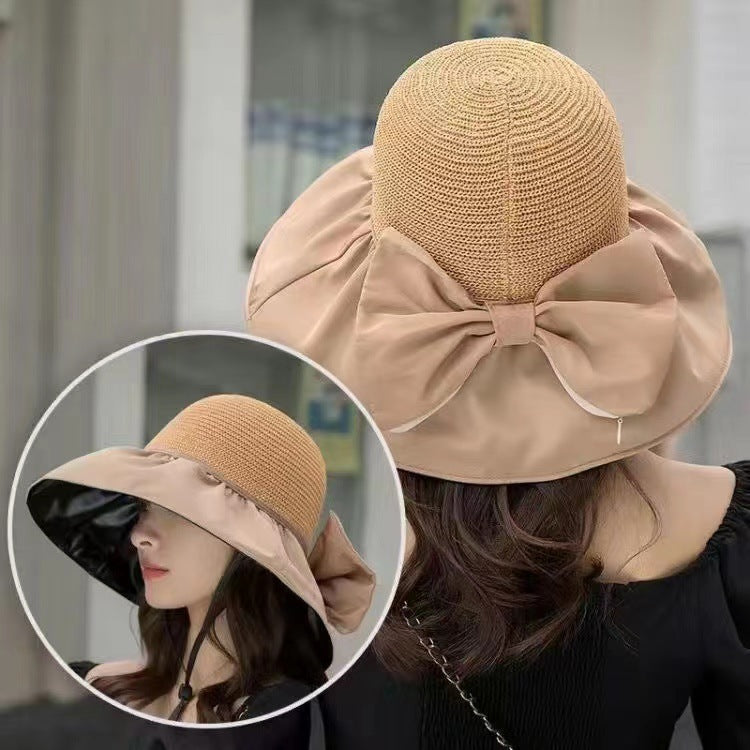 Summer Straw Sunhat With Large Brim And Big Bow Anti-UV Fisherman Hat Outdoor Sunshade And Face Protection Hat - iztia