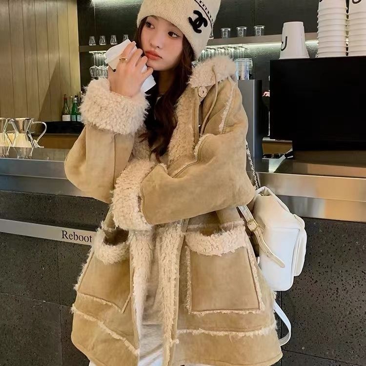 Hooded Suede Fur Lamb Warm Leisure Slimming Coat - iztia