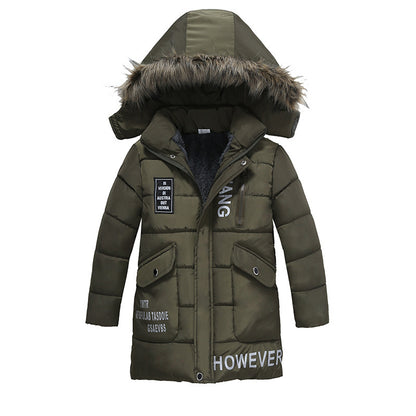 Boys Large Fur Collar Padded Warm Cotton Jacket - iztia