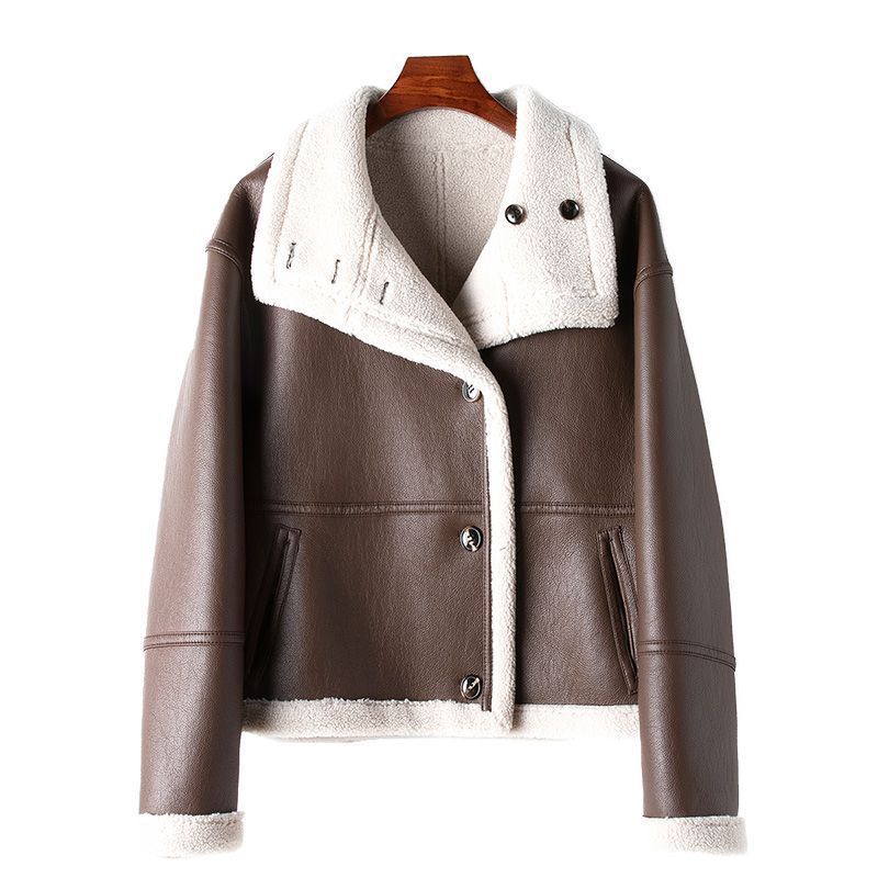 Eco-leather Inner Wool Grain Leather Grass Coat - iztia