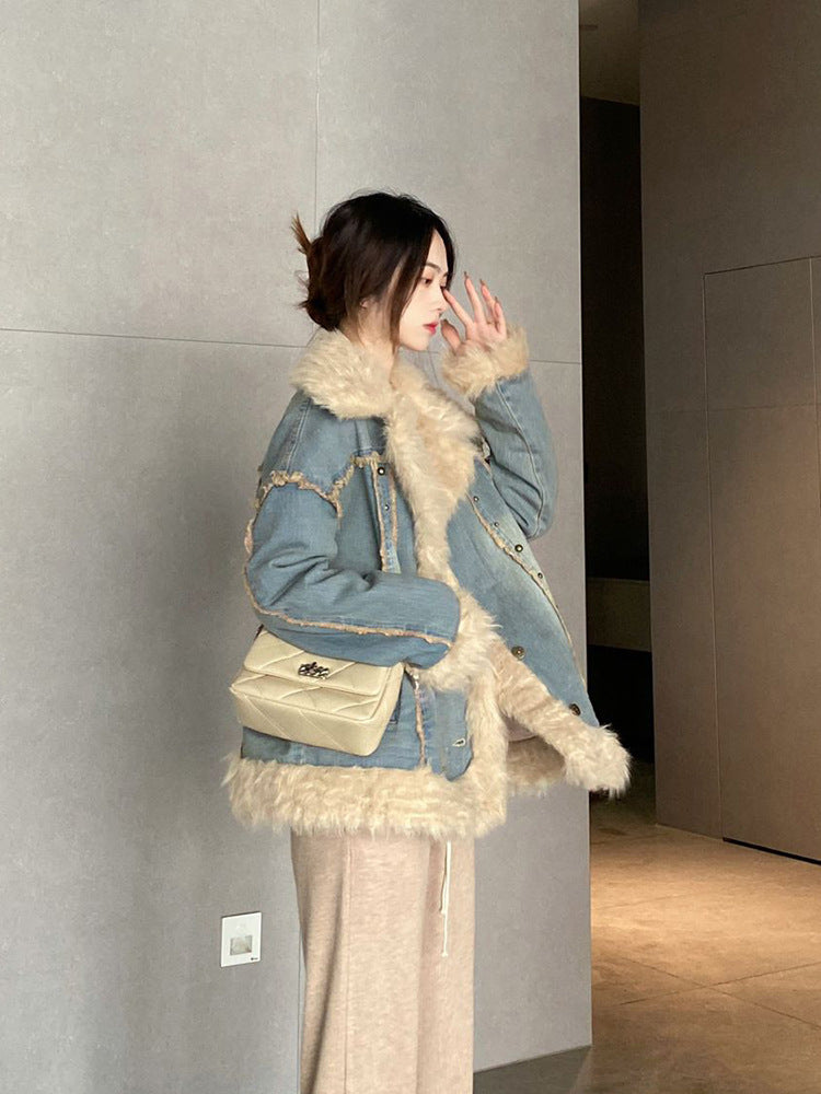 Denim Fur Collar Coat Women's Winter Hong Kong Style Vintage Top - iztia