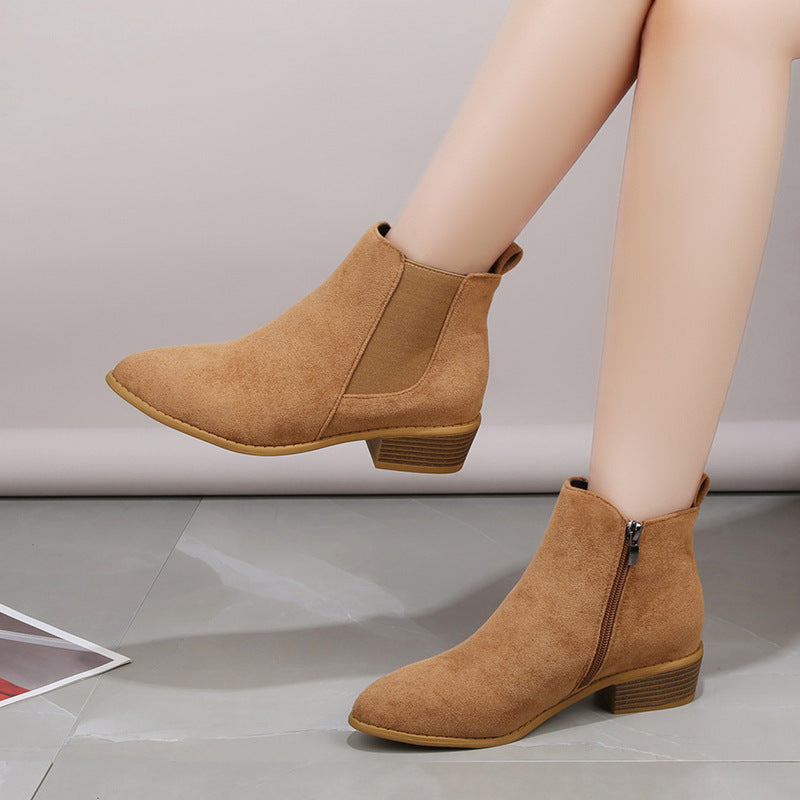 British Solid Color Suede Pointed Square Heel Martin Boots - iztia