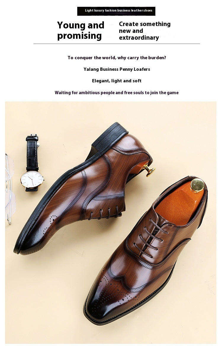 Formal Leather Shoes British Men Brogue Pointed-toe Lace - iztia