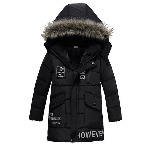 Boys Large Fur Collar Padded Warm Cotton Jacket - iztia